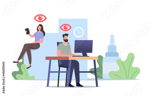 Vision Problems Medical Concept. Office Worker Characters Suffering of DES, Dry Eyes Syndrome and Conjuctivitis Disease
