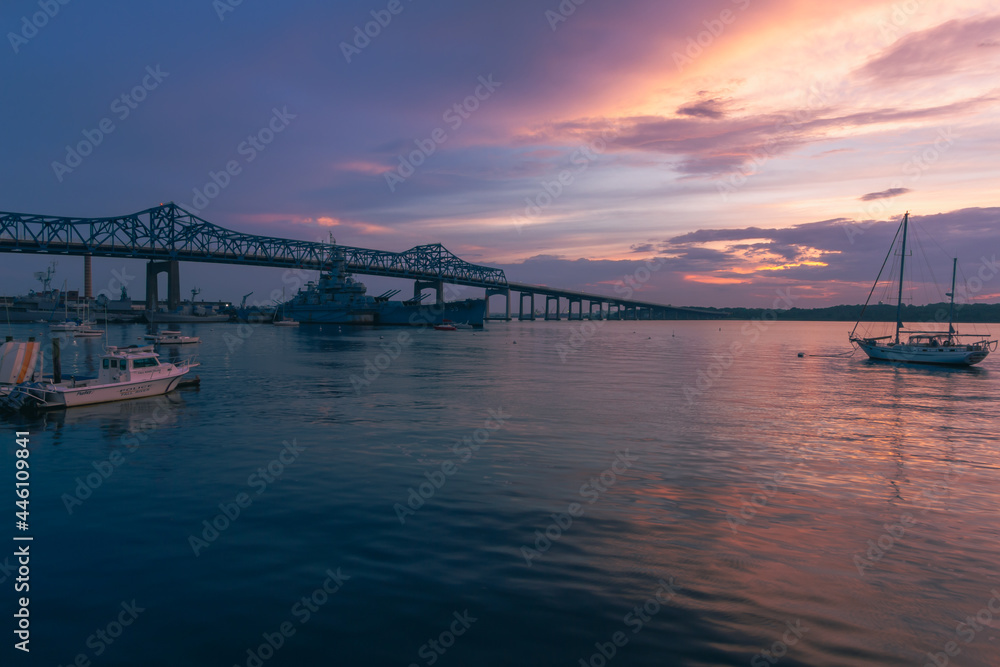 Braga Bridge and Battleship Cove from Fall River, MA, USA at Sunset