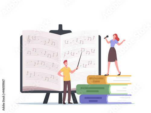 Tiny Characters Teacher with Pointer and Student Sing, Learn Notes Stand at Huge Textbooks. Vocalist Take Vocal Lessons