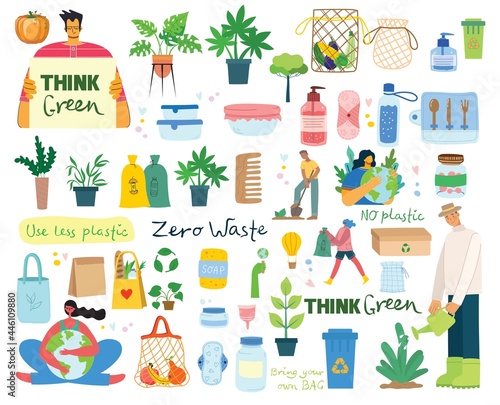 Hand drawn elements of zero waste life in vector. Eco style. No plastic. Go green