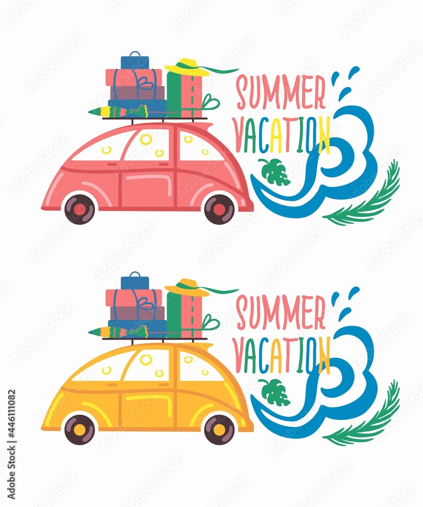 Little car going to the beach, adventure, summer travel, vector