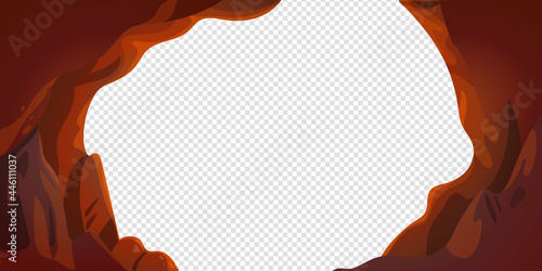 Cave or tunnel vector frame in cartoon style. Cave landscape with place for text. Vector illustration in flat cartoon style.