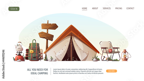 Campsite with tent, backpack, gas-burner, tourist chair, signpost, kerosene lamp. Camping, traveling, trip, hiking, camper, nature, journey concept. Vector illustration for poster, banner, website.