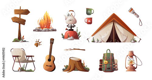 Tent, campfire, backpack, guitar, lamp, gas-burner, stump, signboard. Set of elements for Camping, traveling, trip, hiking, camper, nature, journey, campsite elements. Isolated vector illustration.
