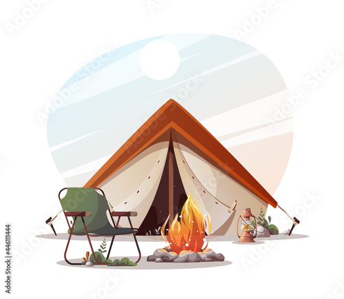 Campsite with tent, campfire, tourist chair, kerosene lamp. Camping, traveling, trip, hiking, camper, nature, journey concept. Isolated vector illustration for poster, banner, cover, card.