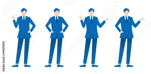 スーツ姿の男性セット　青　人物フラットイラスト　ポーズ