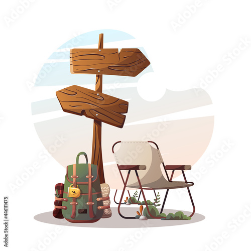 Guidepost, camping chair and backpack. Camping, traveling, trip, hiking, campsite, nature, journey concept. Isolated vector illustration for poster, banner, card, cover.