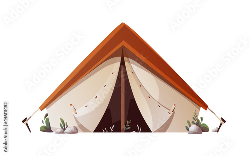 Tourist tent on the white background. Camping, traveling, trip, hiking, camper, journey concept. Isolated vector illustration for poster, banner, asvertising, cover, card.