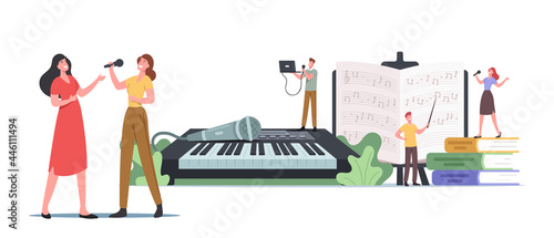 Tiny Characters at Huge Synthesizer Take Musical Vocal Lessons Training Voice and Singing Songs. People Develop Talent
