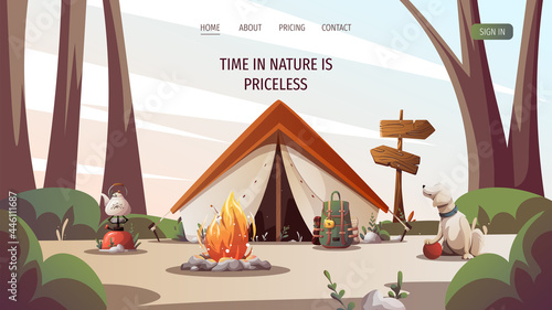 Campsite with tent, campfire, backpack, gas-burner, dog in the forest. Camping, traveling, trip, hiking, camper, nature, journey concept. Vector illustration for poster, banner, website.