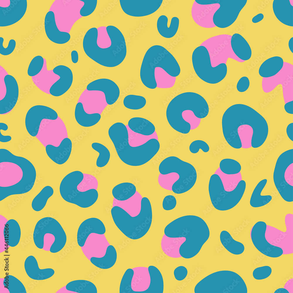 Camouflage leopard vector seamless pattern on pink background. Pink, yellow, blue leopard skin texture. Can be used as clothing design, textiles, bed linen, stationery, packaging paper, Wallpaper.