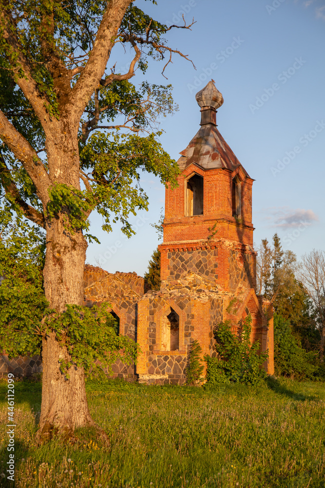 the old red brick ruins of the orthodox church 