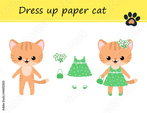 Dress up cute kawaii paper cat in dress. Vector illustration. Cartoon flat style