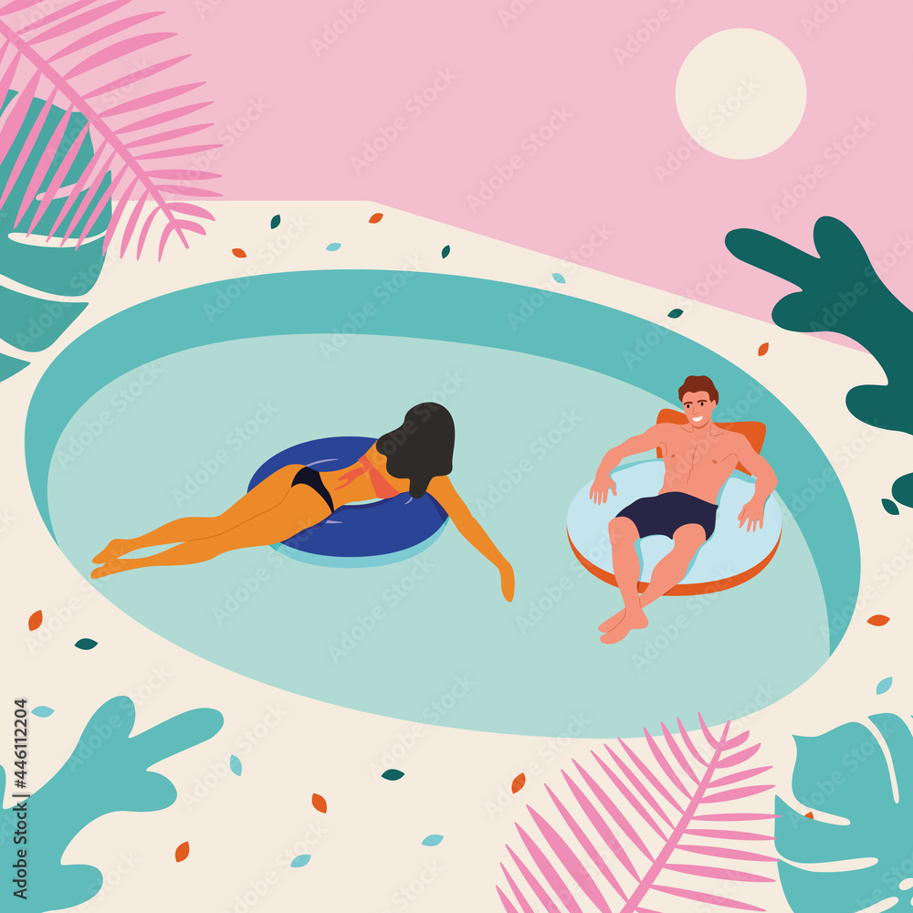 Brother and sister chill on vacation in a pool with palm trees. Brother and sister chill on vacation in a pool with palm trees.