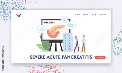 Serve Acute Pancreatitis Landing Page Template. Tiny Doctor Characters in Medical Robe Look on Huge Infographics