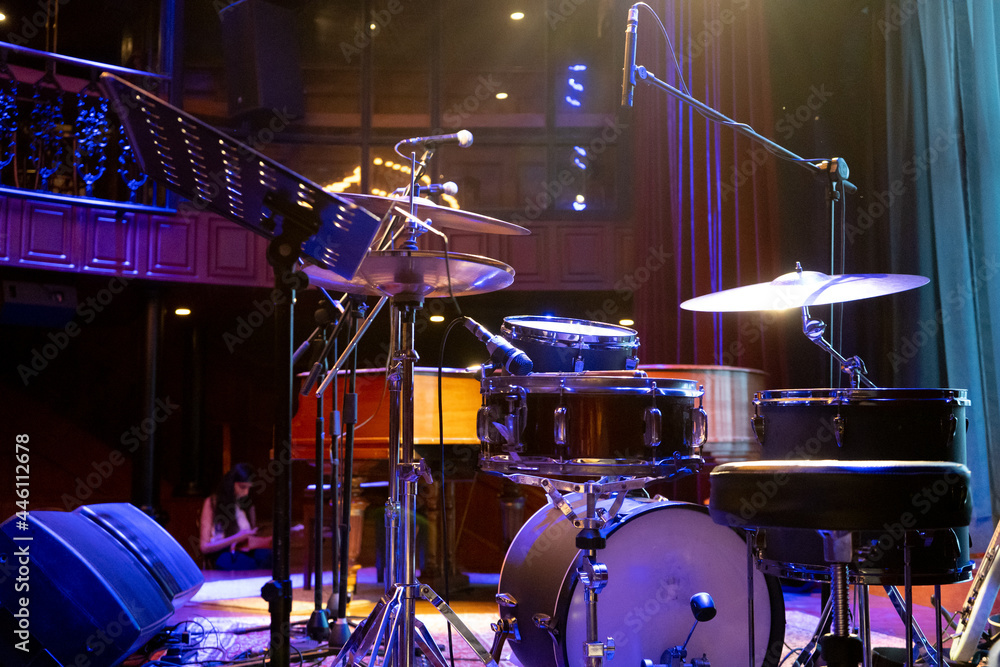 shot showing drum kit with multiple drums cymbals snares bass and more