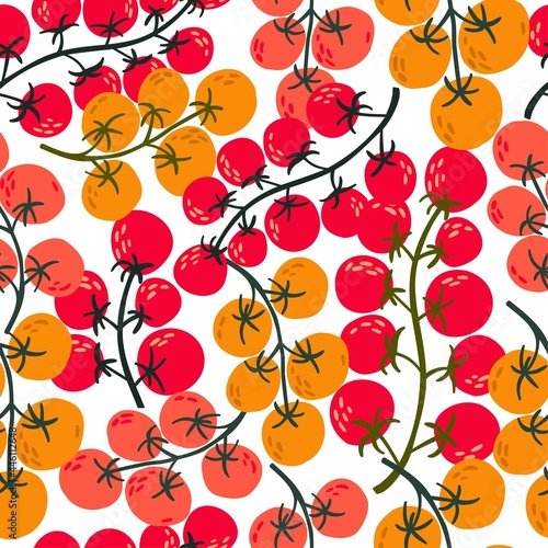 flat seamless pattern cherry hand drawn tomato. Flat vegetables on white. Vegan, farmed, natural