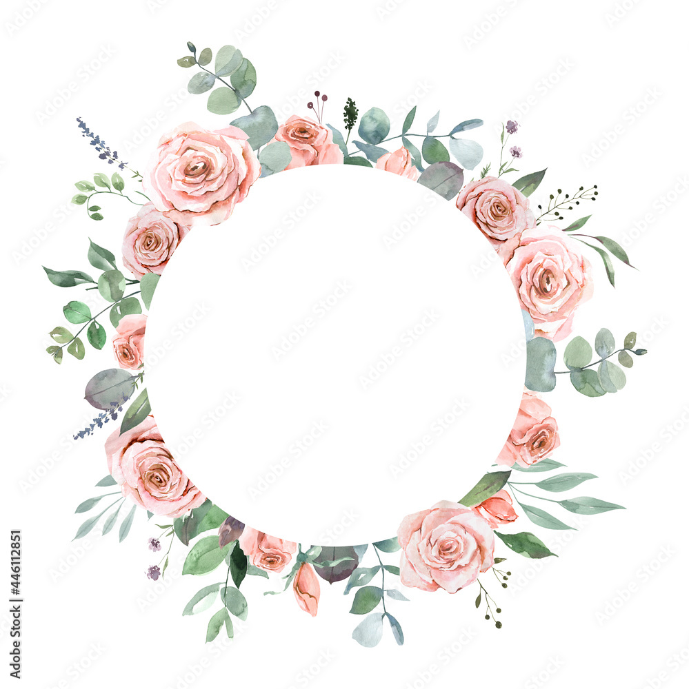 Watercolor frames of roses, leaves, branches. Hand-drawn pink flowers, green leaves in festive frames. For greeting cards, posters, invitations, wedding printing
