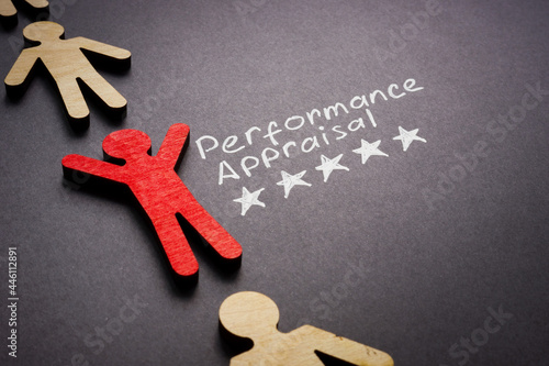 Performance appraisal words with five stars and figure of employee.