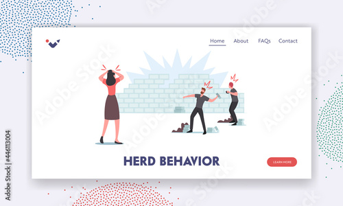 Damage, Conflict, Panic, Looting, Aggressive Herd Behavior Landing Page Template. Characters Throw Stones in Brick Wall