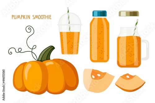 Pumpkin juice or smoothie. Autumn seasonal products. Pumpkin, glass, bottle and smoothie mug with orange liquid. Food and drinks isolated. For menu or banner for healthy eating. Fresh energetic drink.