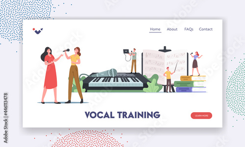 Vocal Training Landing Page Template. Characters Take Musical Lessons Voice and Singing Songs. People Developing Talent