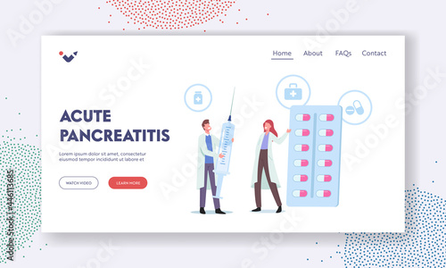 Acute Pancreatitis Landing Page Template. Tiny Doctor Characters in White Medical Robe Look on Huge Infographics
