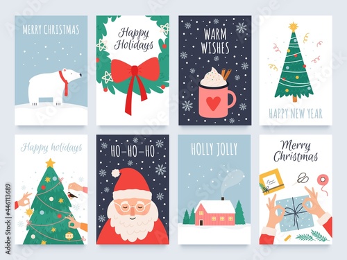 Scandinavian christmas cards. Cozy winter holiday, noel and new year celebrations with cute santa, polar bear and tree decoration vector set