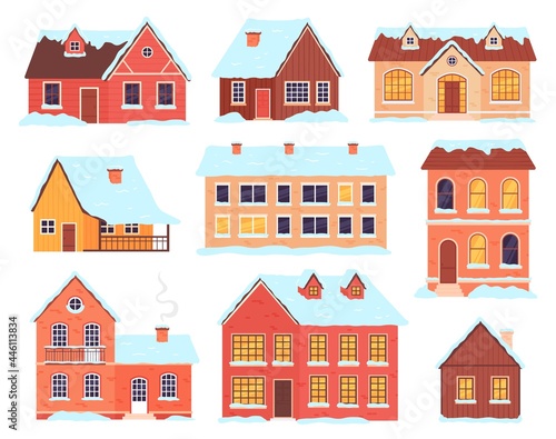 Winter houses. Village, town and rural cottages with snow caps and drifts. Christmas wooden cabin with chimney. Buildings facade vector set