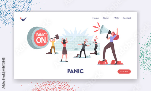 Panic, Violence, Aggressive Behavior Landing Page Template. Male Characters Throw Stones, Woman Yell to Loudspeaker