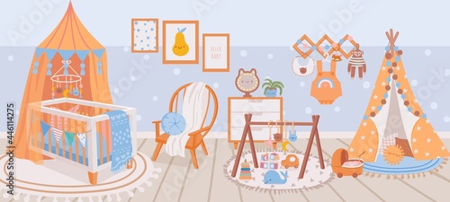 Nursery interior. Baby room with crib bed, armchair, carpet, toy and wigwam. Cartoon kids bedroom with furniture and decoration vector scene