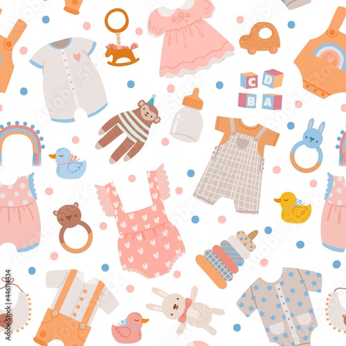 Baby shower seamless pattern. Cute newborn clothes, toys and accessory for boys and girls, bottle, dress and bodysuit. Nursery vector print
