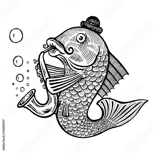 Fish plays the saxophone, vector illustration. Drawing with an ink pen and pencil. Collection of fish.