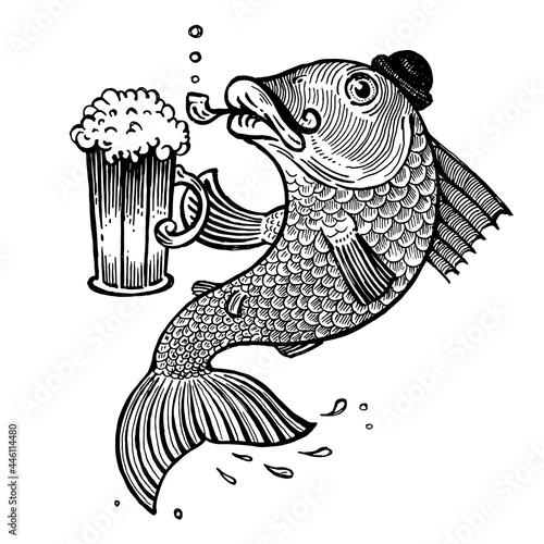 Fish with a beer mug, vector illustration. Drawing with an ink pen and pencil. Collection of fish.