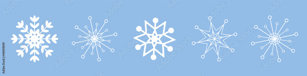 Snowflake set in different shapes and forms on isolated background. Frost winter background. Christmas, new year icon. Vector illustration. Falling snow, snowfall isolated on blue background. Snowflake set in different shapes and forms on isolated background. Frost winter background. Christmas, new year icon. Vector illustration. Falling snow, snowfall isolated on blue background.