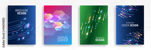 Contemporary science and digital technology concept. Vector template for brochure or cover with hi-tech elements background. Blue layout futuristic brochures, flyers, placards.