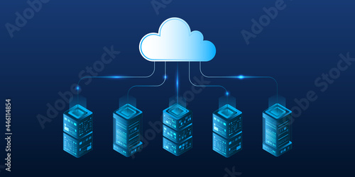 3d Futuristic Hosting server. Abstract datacenter or blockchain background. web hosting vector banner. Cloud technology, media server.