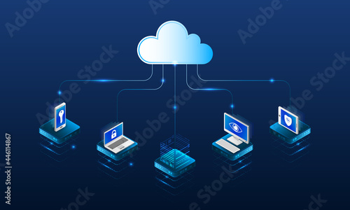 Abstract datacenter, network system. Web hosting vector banner. Isometric Cloud computing, media server. 3d Futuristic Hosting server