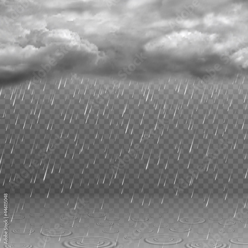 Realistic rain cloud. Dark stormy sky, falling water drops, clouds and ripples in puddles. Rainy weather effect isolated vector background