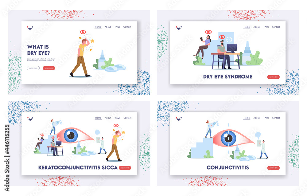 Dry Eye Symtoms Landing Page Template Set. Tiny Characters around of Huge Eye. People Suffer of DES, Visit Clinic