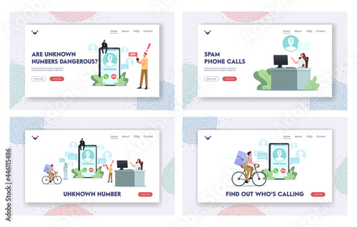 Unknown Number Landing Page Template Set. Tiny Characters around of Huge Smartphone Take Call from Cheater, Call Service