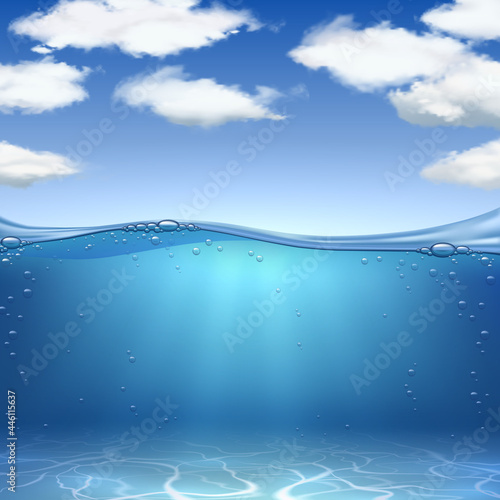Sea waves and bottom. Realistic ocean underwater sand, water with air bubbles and blue sky with clouds. Marine landscape vector background
