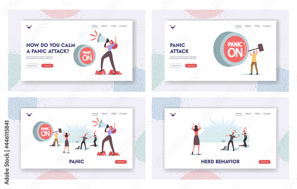 Panic, Violence, Aggressive Behavior Landing Page Template Set. Characters Throw Stones, Woman Yell to Loudspeaker