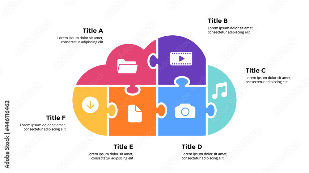 Infographic slide template for your presentation. Puzzle cloud service illustration. 6 options, steps. Creative web concept. Internet technology.