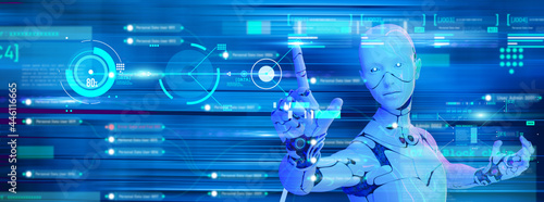 Tableau sur toile Android robot finger press button, computer data cyberspace background, futurist