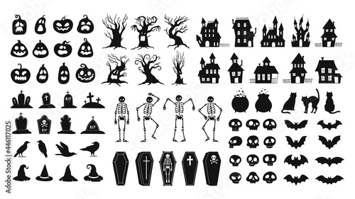 Horror silhouettes. Scary halloween decor skulls and skeletons, witch hats, black cats, crows and graveyard coffins. Spooky house vector set
