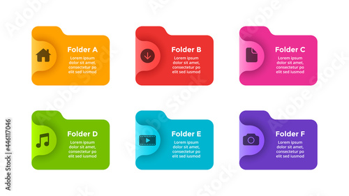 6 folder icons illustration. Infographic slide template for your presentation. File manager. Creative computer concept. User interface technology. photo
