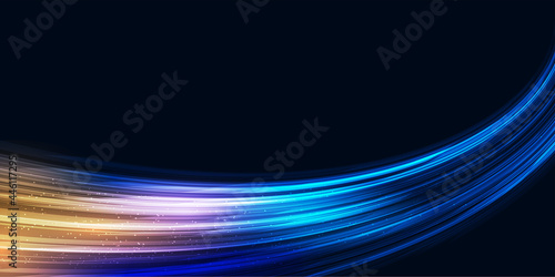 Modern abstract high speed movement. Dynamic motion light trails on dark blue background. Futuristic, technology pattern for banner or poster design background concept.