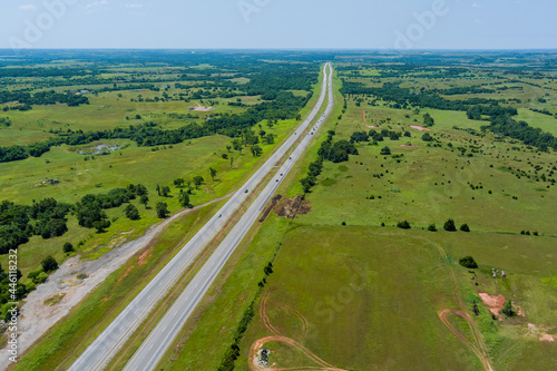Aerial view panorama of original the historic Route 66 roadbed near Clinton Oklahoma photo