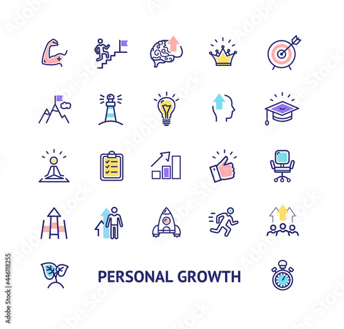 Personal Growth Sign Color Thin Line Icon Set. Vector